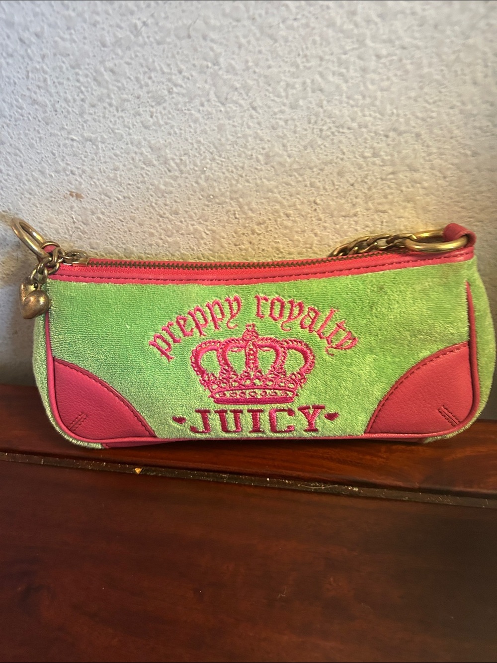Juicy Couture Green and Pink Embroidered 'Preppy Royalty' Wristlet